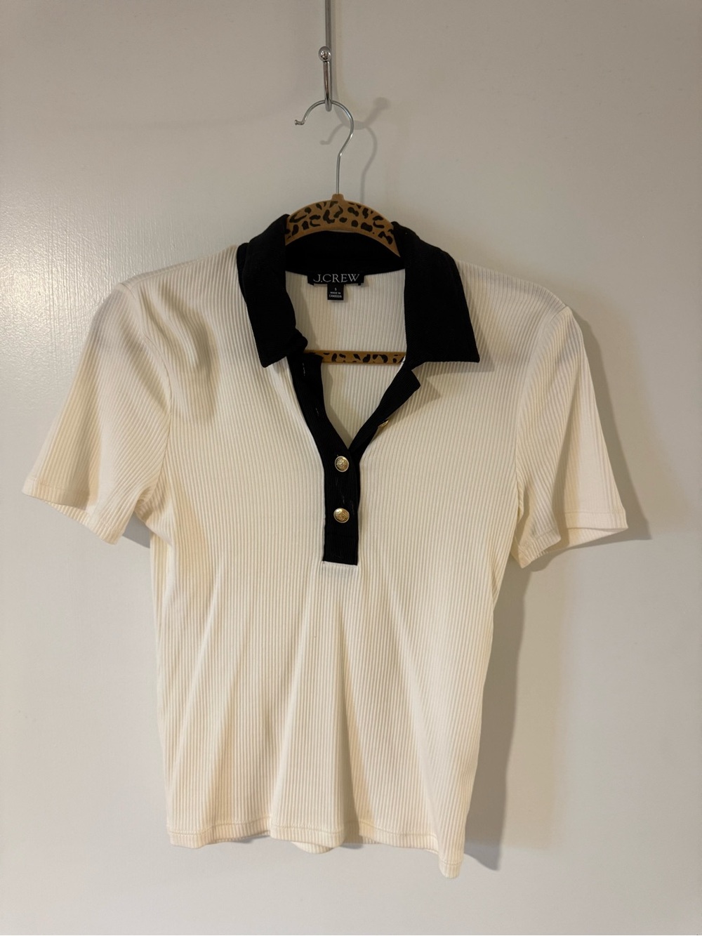 J. Crew Ivory Ribbed Polo Tee with Black Collar